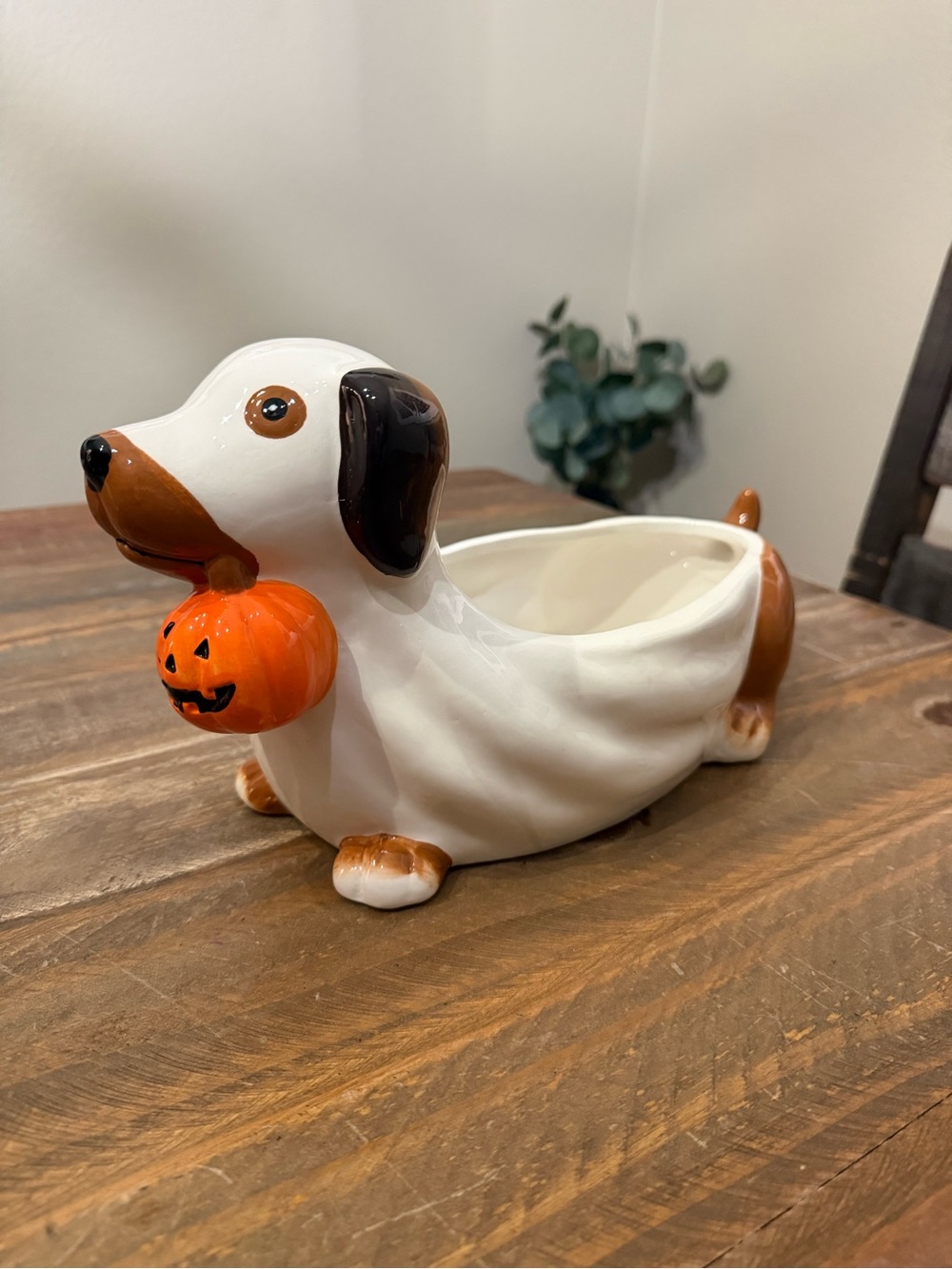 Ceramic Dachshund Treat Bowl with Pumpkin Accent - White and Orange